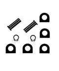 Heavy Duty Foot Peg Mounting Hardware Kit With Anti Rattle Spring Washers And Clevis Pins For Harley Sportster Softail Dyna Touring Road King And Street Glide Keeps Pegs Fixed, Eliminates Droop, And Vibration Noise On The Road, shown with black steel clevis pins, spring washers, and snap rings.