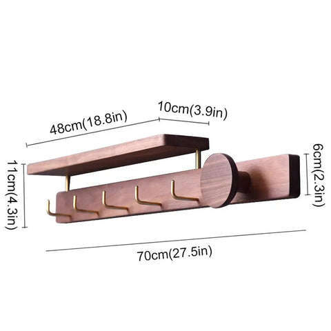 Badass Wall Mounted Coat Rack and Multi Slot Key Hook Solid Wood Construction with Brass Hooks to Hang Coats Jackets Handbags Hats Umbrellas Heavy Duty Build Sweet Entryway Decor dimensions shown with hooks and shelf