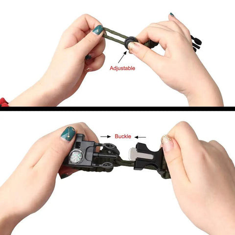 Two Pack Survival Paracord Bracelet With Flint Fire Starter Scraper Compass Whistle And Adjustable Wristband shown in use