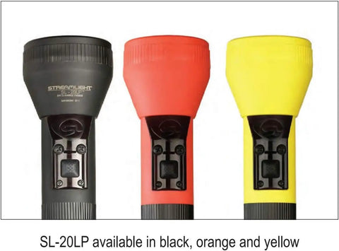 Three SL 20LP 450 Lumen Full Size Rechargeable LED Flashlights in black, orange, and yellow, shown vertically.