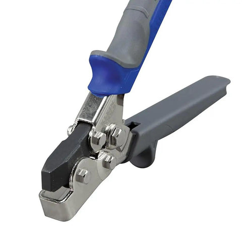 Close-up of Punch Set Snap Lock Handy Tool for Sheet Metal, Vinyl and Aluminum Siding with blue and grey contoured grips.