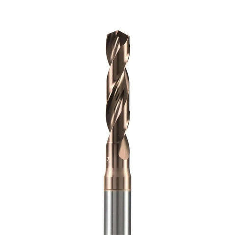 Front view of bronze-coated solid carbide twist drill bit for metal, 12.1–13.0 mm, silver shank