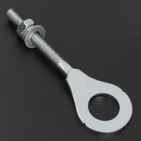 Rear Chain Tensioner Axle Adjuster 15mm 0.59 Inch For Coleman CT200u CT200u-EX Baja MB200 Mini Bike, close-up of chrome adjuster