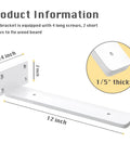 Top Shelf 4 Pack White Floating Shelf Brackets 12 Inch Ultra Slim Hidden Wall Mounts showing dimensions and screws for easy installation.