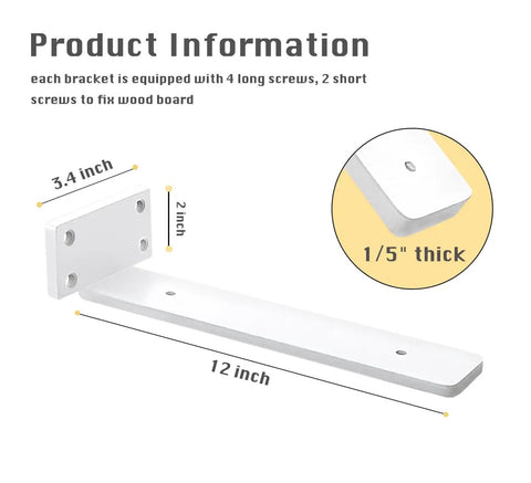 Top Shelf 4 Pack White Floating Shelf Brackets 12 Inch Ultra Slim Hidden Wall Mounts showing dimensions and screws for easy installation.