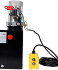 Yaton 12V 3HP Hydraulic Power Unit With 8 Quart Steel Tank For Dump Trailer Lift Gate Log Splitter Heavy Duty Electric Pump 2.1 Gpm Flow Black Complete Motor Assembly Ready To Install, front view with control switch.