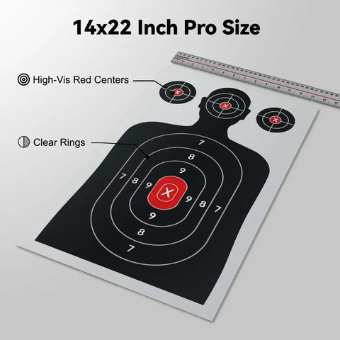 Silhouette Paper Shooting Targets For Range Day Ready 14x22 Inch Red Bullseye Targets with clear rings and red centers