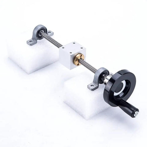 T8 Lead Screw Set For 3D Printers And CNC Machines, 8mm stainless steel with brass nut, KP08KFL08 bracket, handwheel attached, silver housing.