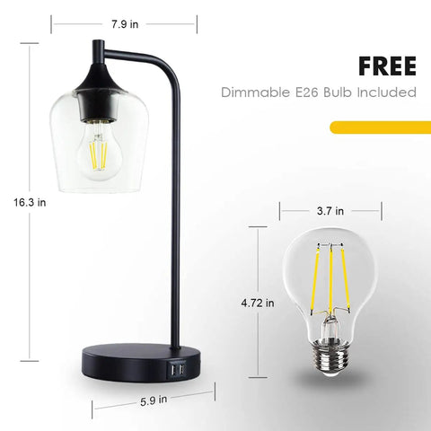 Industrial Table Lamps Set Of 2 For Bedroom And Living Room Dimmable 3 Way Touch Control Nightstand Lamps Black Finish With USB Ports E26 Bulbs Included showing dimensions