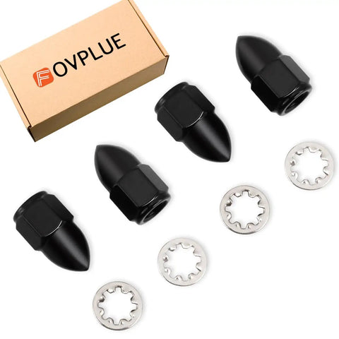 Premium 5/16 24 Acorn Nut Kit Plus Heavy Duty Lock Washers For Rearview Mirror Drop In Replacement On Most Classic Motorcycles, includes four black acorn nuts and flat lock washers in box.