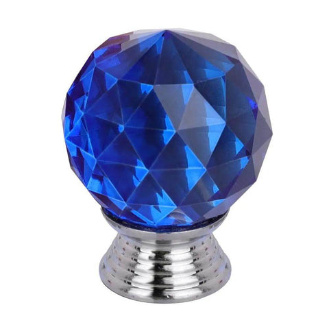 Twelve Pack Of 30mm Round Blue Crystal Glass Cabinet Knobs With Sleek Chrome Hardware Screws Included For Kitchen Cupboard And Dresser No Sweat Install Smooth Moving Home Decor - close-up of a blue crystal knob.