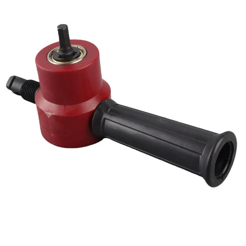 Heavy Duty Sheet Metal Nibbler Cutter Double Headed Drill Bit Attachment for Straight Curved Circle Cuts Iron Steel Copper Aluminum Works On 8mm Electric Pneumatic Drills Red Version side view showing the handle and chuck.