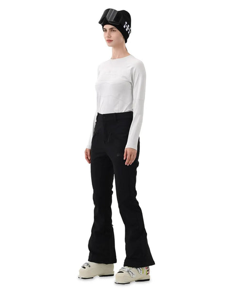 Model wearing Women's Slim Fit Ski Pants With Fleece Lined Soft Shell That Is Insulated Waterproof And Windproof Warm For Snowboarding