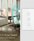 Smart WiFi Wall Light Switch With Glass Panel, Remote Control Via Mobile App, Alexa Compatible, Scheduling, in modern living room.