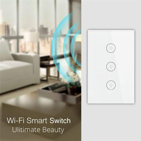 Smart WiFi Wall Light Switch With Glass Panel, Remote Control Via Mobile App, Alexa Compatible, Scheduling, in modern living room.
