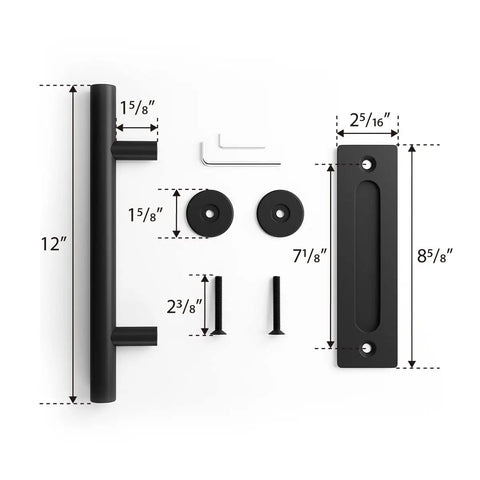Two Pack Sliding Barn Door Handle Set, 12 Inch Heavy Duty Pull And Flush Hardware, Black Rustic Round Two Sided Design, parts layout