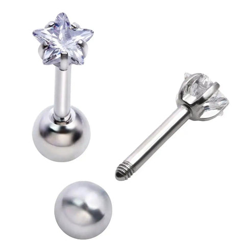 Clear Cubic Zirconia Star Stud Earrings 16G 4mm CZ With 4mm Ball Back Screw Post Stainless Steel Unisex Nose Helix Cartilage Ear Lobe Jewelry Dope Sparkle For Everyday Wear, front and side view