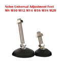 Universal Adjustable Leveling Feet With Swivel Base And Articulating Legs Provide Dead Set Stability For Heavy Gear And Furniture, showing M8 and M10 steel mounts.