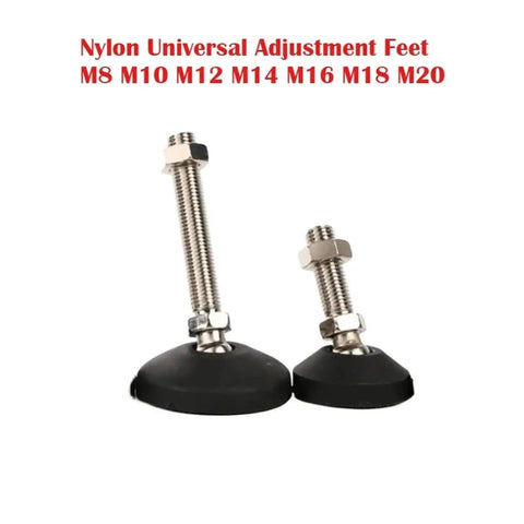 Universal Adjustable Leveling Feet With Swivel Base And Articulating Legs Provide Dead Set Stability For Heavy Gear And Furniture, showing M8 and M10 steel mounts.