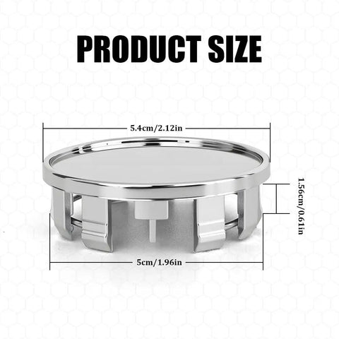 Heavy Duty Abs Wheel Center Hub Covers 4 Pack Snap On Rim Caps Universal Fit dimensions 5.4cm outer diameter, shiny chrome finish.