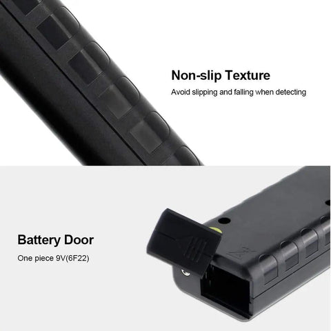 Close-up of Ultrasonic Leak Detector showing non-slip grip texture and battery door for 9V battery.