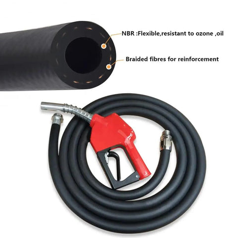 Close-up of 5/16 Inch 8mm ID Fuel Line Hose, 10ft Push Lock NBR Rubber Fuel Hose coiled with nozzle, showing durability and design.