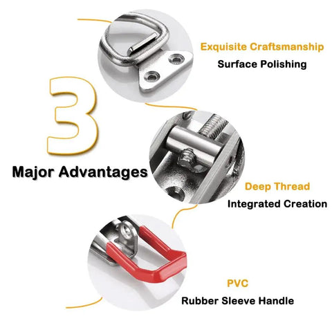 Close-up features of Toggle Latch Clamp 4002 With Lock Hole 304 Stainless Steel Heavy Duty Pull Hasp Latches, including polished surface, deep thread, and rubber sleeve handle.