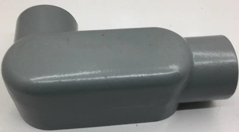 Heavy Duty Pro Grade 1.5 Inch Type LR Conduit Body, gray junction box for electrical wiring and cable routing.