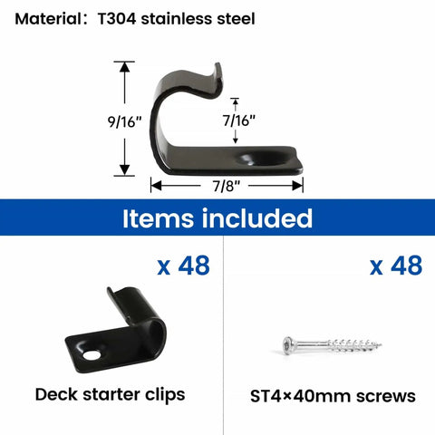 Boss Level Deck Starter Clips 48 Pack Stainless Steel Hidden Fasteners for Grooved Perimeter Boards showing dimensions and included screws.