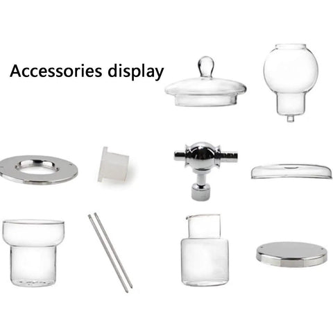 Top Shelf Cold Brew Drip Tower And Iced Coffee Maker accessories display including glass and steel components for optimal brewing.