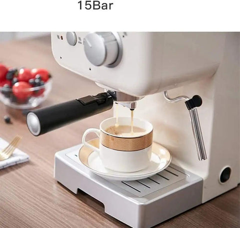 One Touch Coffeehouse Espresso Maker And Cappuccino Machine With 15 Bar Pump 1050W Power brewing coffee into cup on table