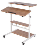 Adjustable Height Portable Laptop Table With Easy Roll Casters And Hidden Storage Shelf Folding Sofa Bed Tray Heavy Duty Steel Frame Mobile Standing Desk For Dorm Room No Hassle Workspace with dual surfaces and wheels.