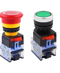22mm Emergency Stop Mushroom Button Combo With Green Momentary Push Button For Industrial Machines Red Mushroom Head Quick Stop E Stop Safety Switch Panel Mount Ready For Control Panels And Heavy Machinery, front view