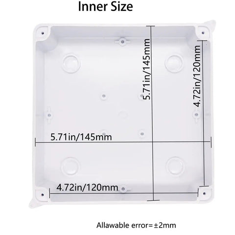 Premium Abs Plastic Junction Box Enclosure 5.9 X 5.9 X 2.8 Inches IP65 Waterproof Project Box inner dimensions displayed.