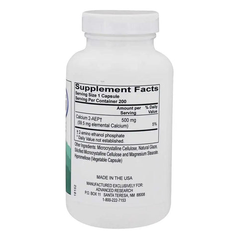 Back label view of Calcium 2-AEP Veggie Caps 62 Mg Elemental Calcium Per Capsule 200 Count Vegetarian Calcium Supplement For Bone Support Made In USA Advanced Research Formula