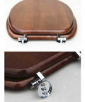 Universal Oval Solid Wood Toilet Seat With Slow Close Soft Buffer Lid, Natural Veneer Finish, Ergonomic Elongated Design, top view with chrome hinges.