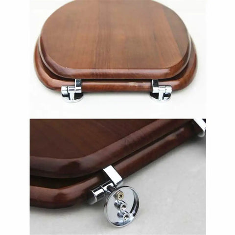 Solid Wood Elongated Toilet Seat With Smooth Glide Slow Close Lid And Authentic Bark Finish Universal Bath Refresh Built Tough to show the top view and chrome fittings.