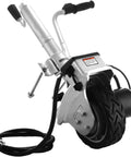 Super Heavy Duty Electric Trailer Mover With Massive 350W Motor And Fat Wheels For Easy Hitching, detail of wheel and motor.