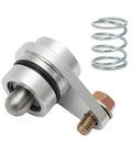 Reverse Lockout Solenoid Delete Kit for T56 and TR6060 Transmissions, CNC Machined Aluminum, Secure Clip Design, Dual Spring System with Standard and Soft Springs, Adjustable Resistance for Custom Shifts, Easy Install, Performance Upgrade silver aluminum part and spring
