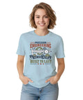 Cool Vintage Blueprint T-Shirt With Caliper Design For Mechanics And Engineers Perfect Garage Gear For Project Planning Or Daily Hangouts, light blue cotton, unisex fit, wearing image.