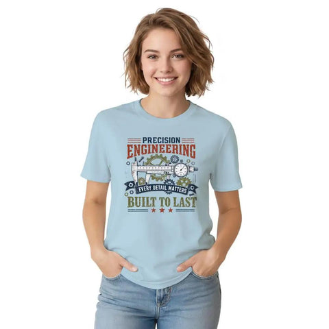 Cool Vintage Blueprint T-Shirt With Caliper Design For Mechanics And Engineers Perfect Garage Gear For Project Planning Or Daily Hangouts, light blue cotton, unisex fit, wearing image.