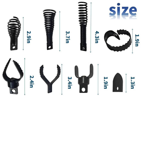 9 Piece Badass Drain Snake Drill Attachment Root Cutter for 5/16 to 3/4 Inch Cable, showing various auger head sizes and shapes.