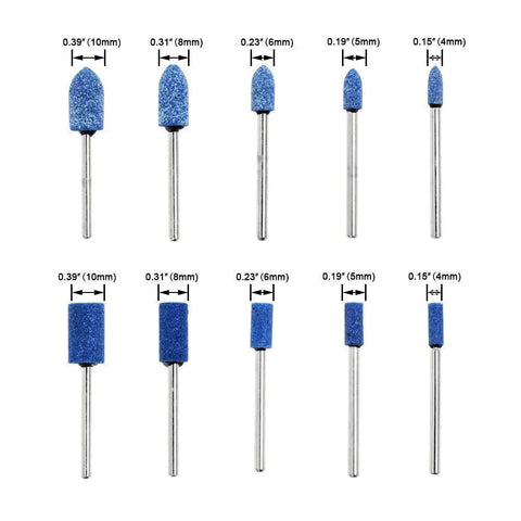 Front view: set of ten blue 1/8 in shank abrasive grinding bits in assorted diameters.