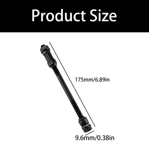 Heavy Duty Bike Rear Hub Axle 175mm 6.89 Inch Three Eighths Inch 26 TPI Conical Lock Nut Kit shown with size dimensions