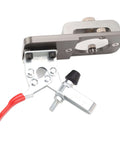 Front view of 35mm secret hinge boring jig kit in aluminum alloy, with red handle and adjustable clamp.