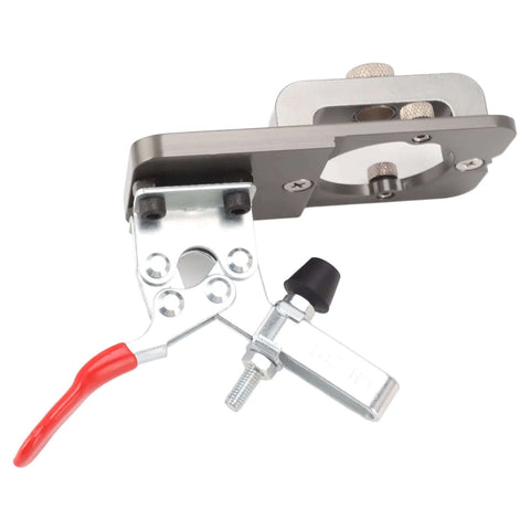 Front view of 35mm secret hinge boring jig kit in aluminum alloy, with red handle and adjustable clamp.