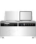 Tullker 135L Industrial Ultrasonic Cleaner With Rinse And Dry, stainless steel tank with control panel and dual grooves.