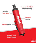 Image of No Hassle 1Hp Pneumatic Straight Die Grinder with ergonomic grip and features like feather trigger and quiet exhaust.