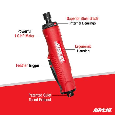 Image of No Hassle 1Hp Pneumatic Straight Die Grinder with ergonomic grip and features like feather trigger and quiet exhaust.