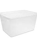 Built Tough 58 Quart Clear Plastic Storage Bin With Zero Sweat Snap Lock Lid shown at an angle for storage in home and garage.